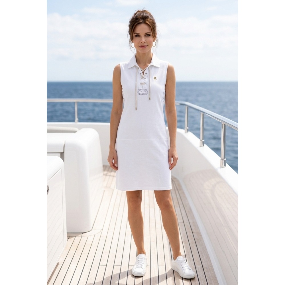 Cruise Wear & Co White Sleeveless Lace Up Nautical Polo Dress XL Cotton Pique